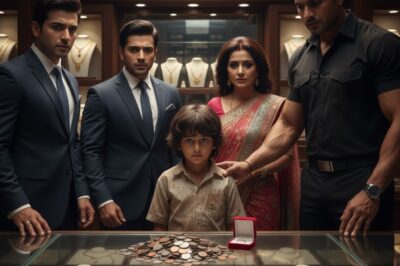 A ragged little boy quietly entered a posh jewellery showroom and showered cool coins on the glittering glass counter./hi