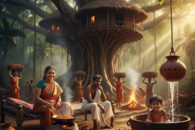 गर्मी में तलाब के किनारे पेड़ का गांव/hi